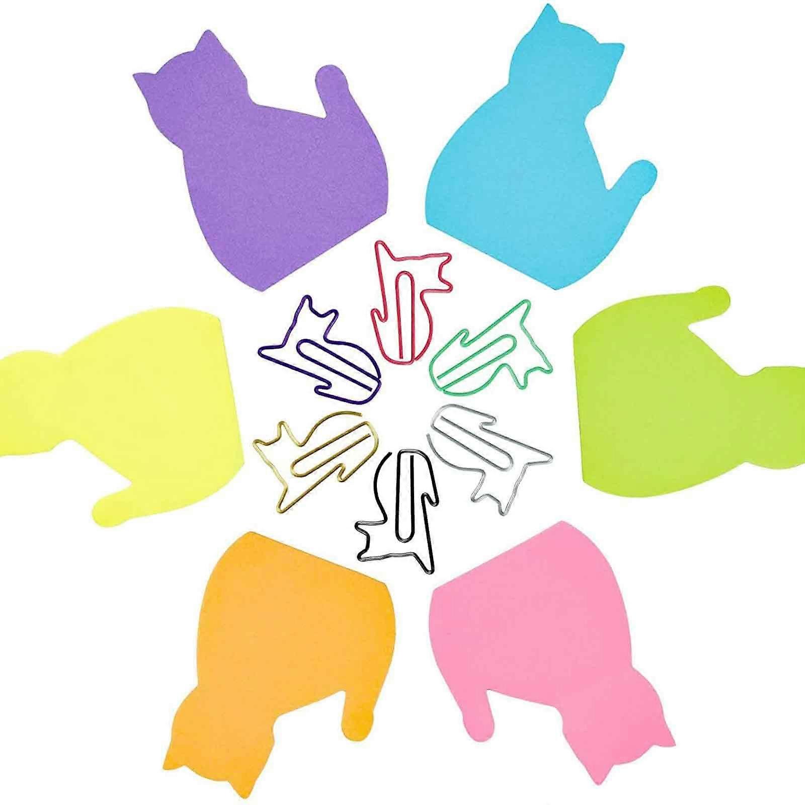 Sticky Notes, Creative Cat Shaped Stationery Set Sticky Notes with 6 Pcs Random Color Cute Cat Paper Clips for Cat Lovers Home Office School Women