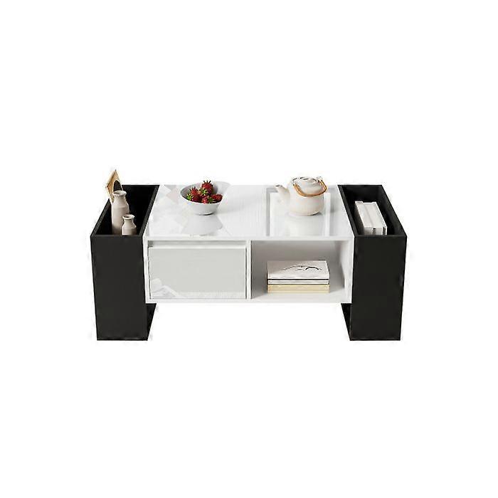 Moderne sofabord 105 x 60 x 40,5 cm - Sort og hvidt design med blank finish, skuffe og træplade.