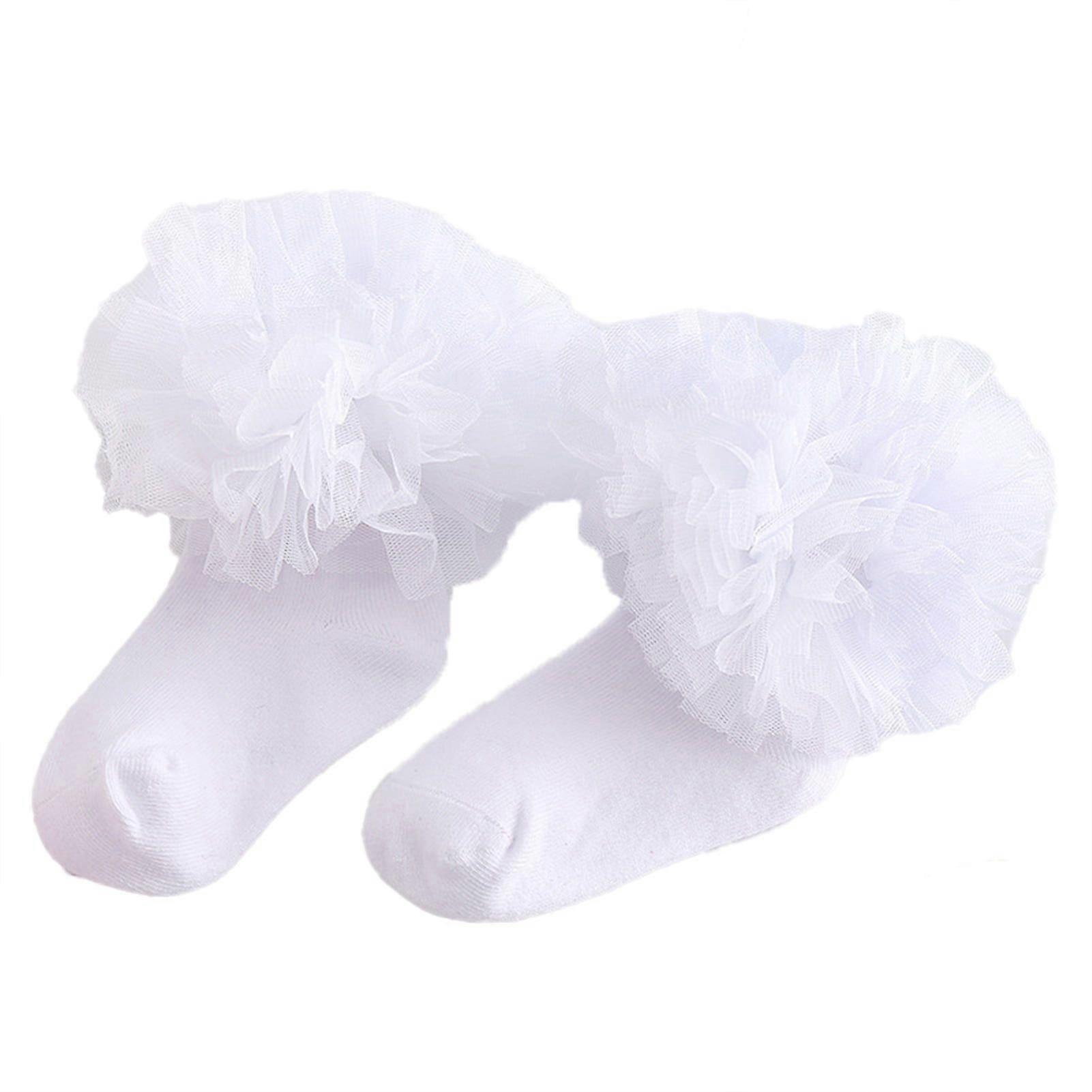 ダブルレースソックスフリルレースカフス滑り止めコットン赤ちゃん女の子フリルレースダンシングソックス ホワイト