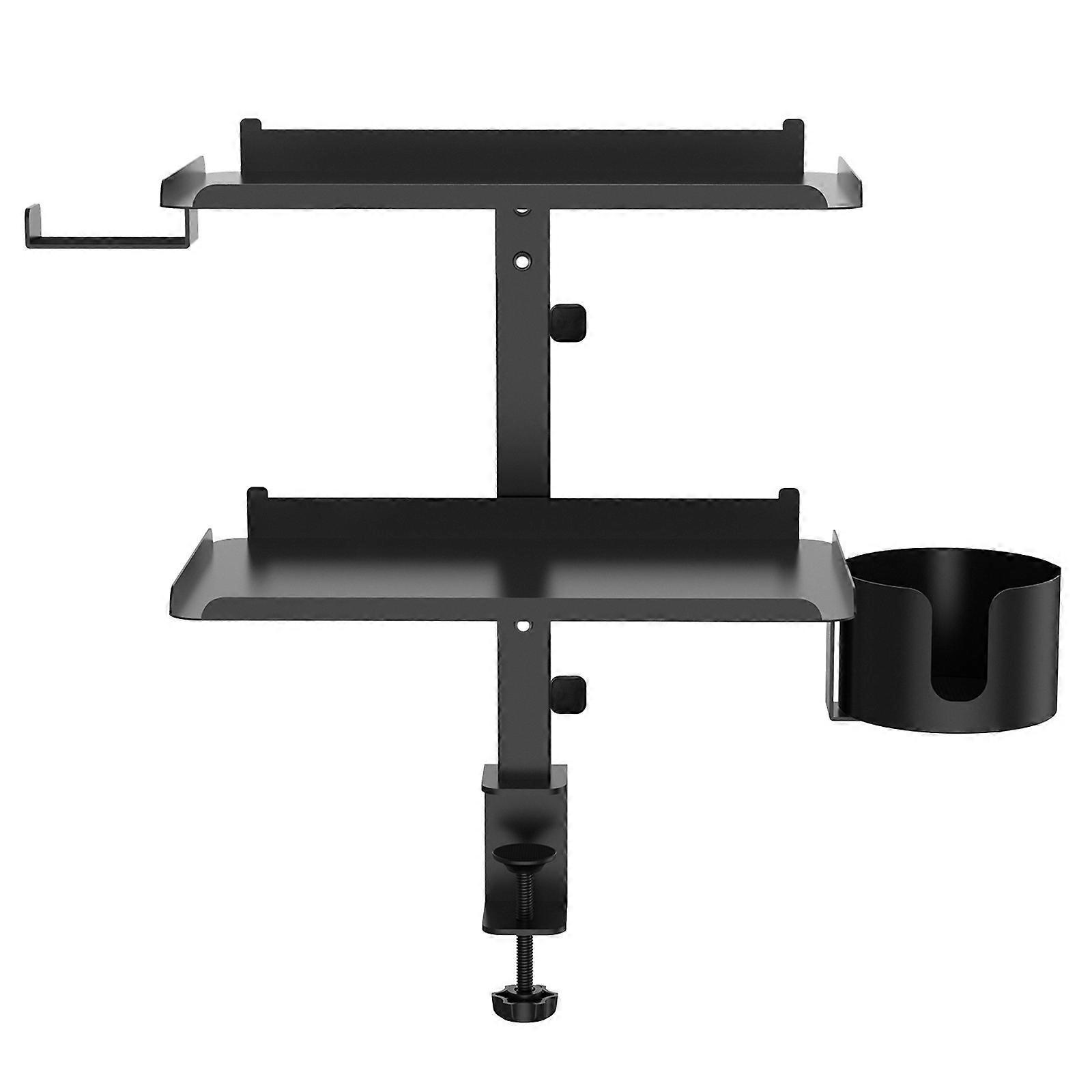 Heavy Duty Adjustable Desk Shelf With 2 Storage Trays Clamp Mount Design For Under Table Or Desktop Organization  Black