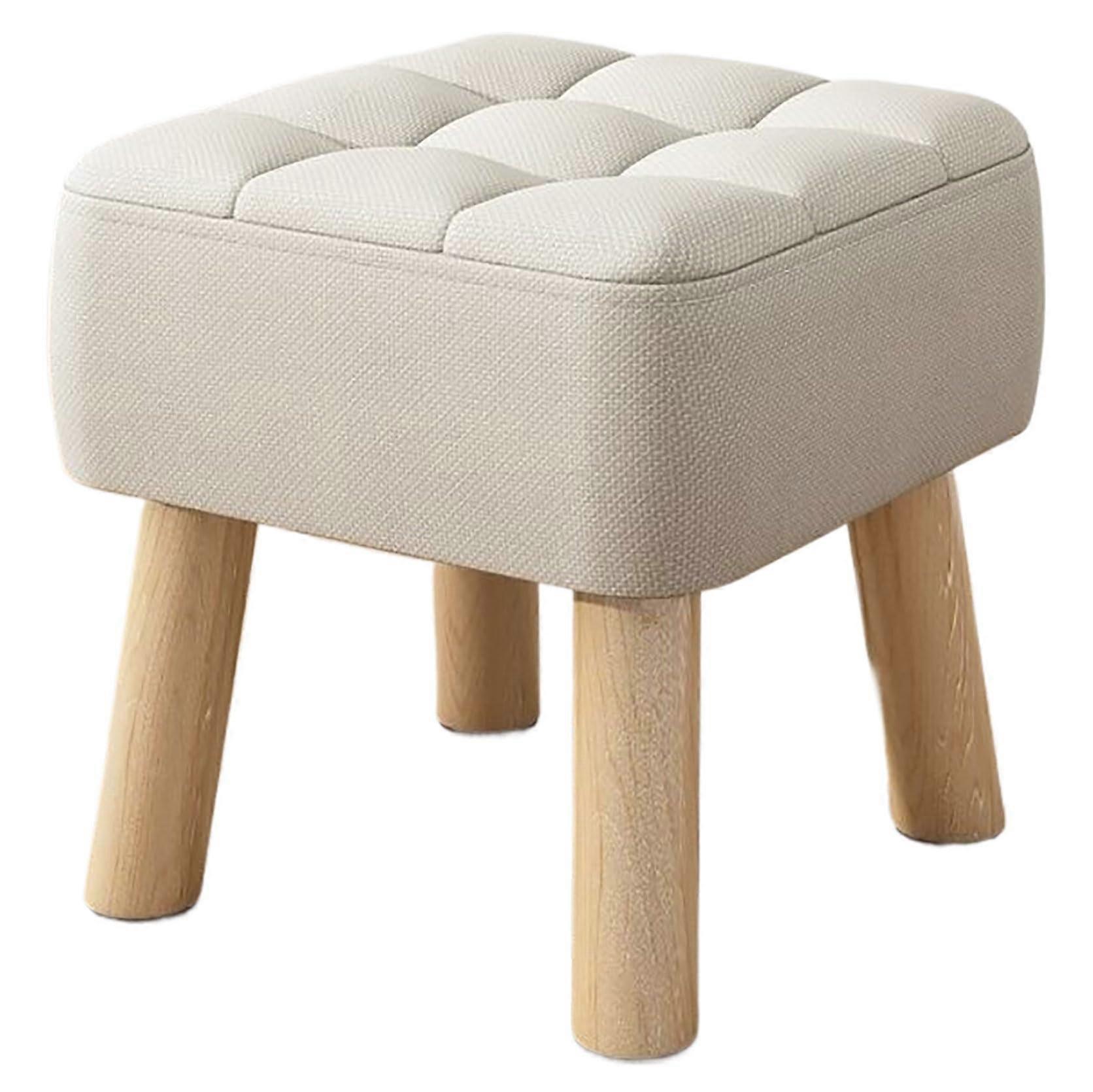 Solid wood stool with breathable fabric seat, spacesaving design, beige (30x30x34cm)