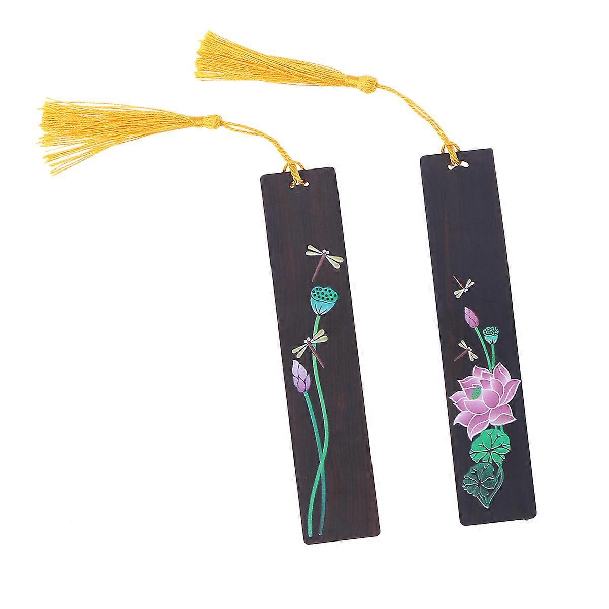 Marque-page en bois Lotus créatif de style chinois avec libellule peint pour la lecture de l’école de bureau à domicile 2Pcs