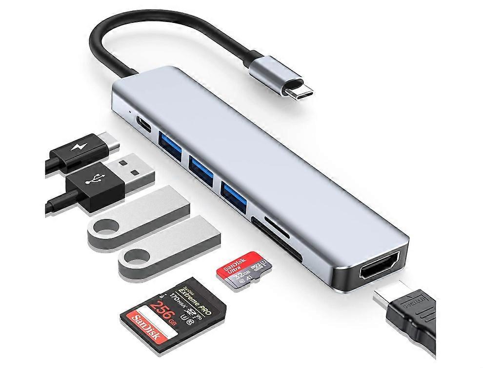 USB C Hub Multiport Adapter, 7 in 1 Portable USB Adapter, with 4K HDMI, PD, 3 USB 3.0 Ports, SD/TF(Gray)
