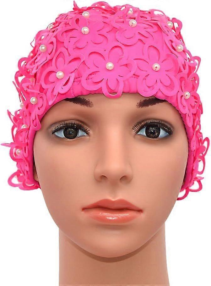 Women's swim cap with hand-sewn flowers and beads