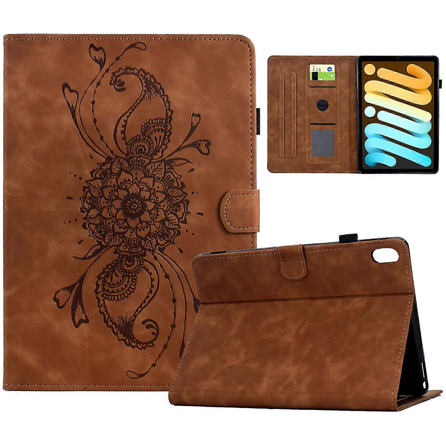 لجهاز iPad mini (2024) (2021) غطاء لوحي جلد مطبوع من Mandala مع فتحات بطاقات بني