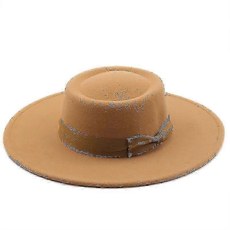 Chapeau melon en feutre de laine pour homme et femme, avec nœud papillon, style plat, bord large, léger, rétro, classique