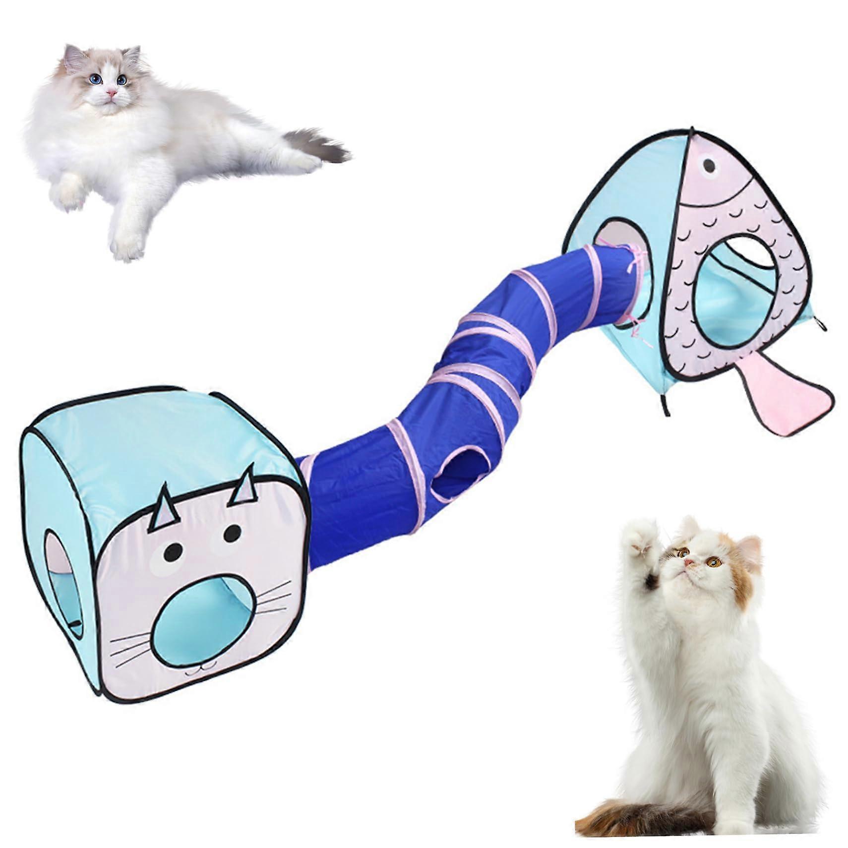 3 in 1 Cat Tunnel Indoor Play Set with Foldable Cat Tube, Fish Tent, Hanging Bells, and Ball for Cats