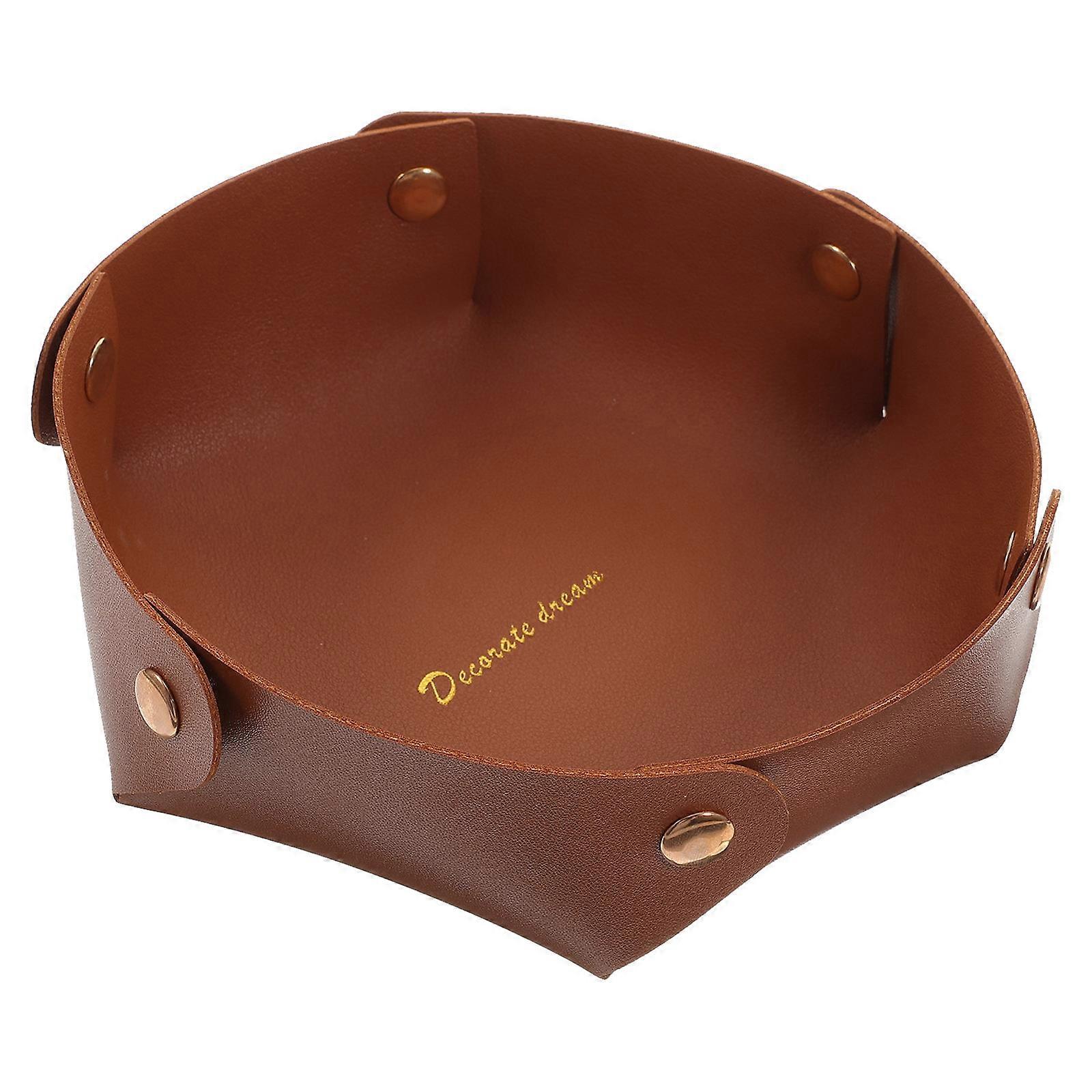 Desktop Key Organizer Tray for Entryway and Office – Large Round Brown Storage Box for Keys, Coins, Cards, and Sundries – Lightweight Decorative