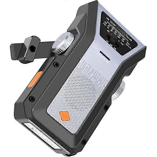 Emergency radio with hand crank 4000mAh portable solar powered AM/FM/NOAA weather radio with SOS alarm, LED flashlight/silver.