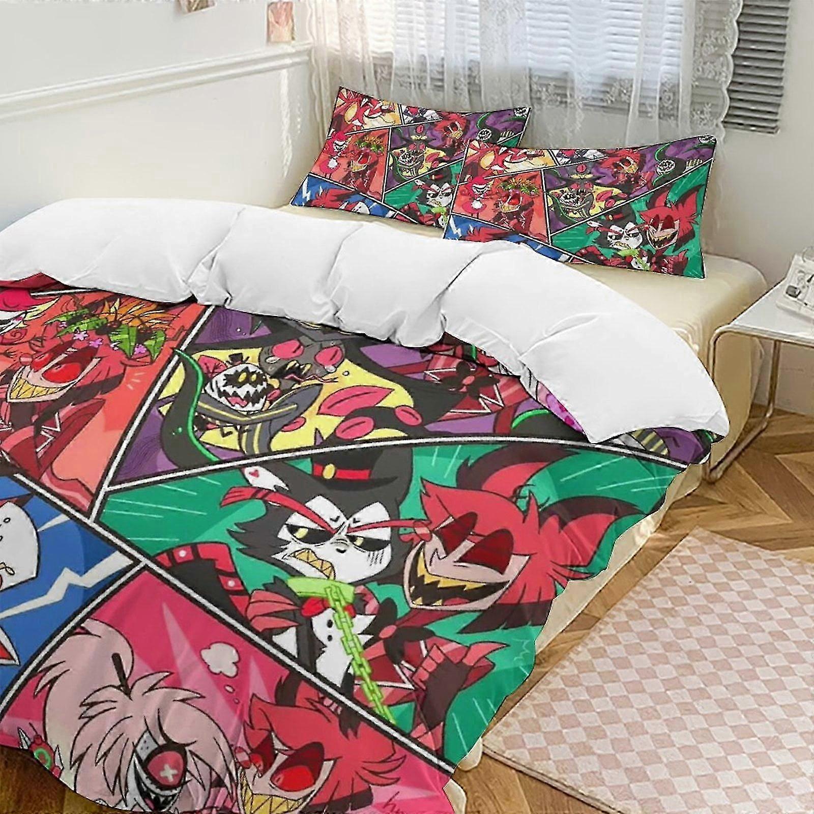 v423 Hazbin Hotel Conjunto de Cama Twin de 3 Peças - Inclui 1 Edredom Individual e 2 Fronhas de Cama - Microfibra Resistente ao Desbotamento - Hazbin Hotel io423