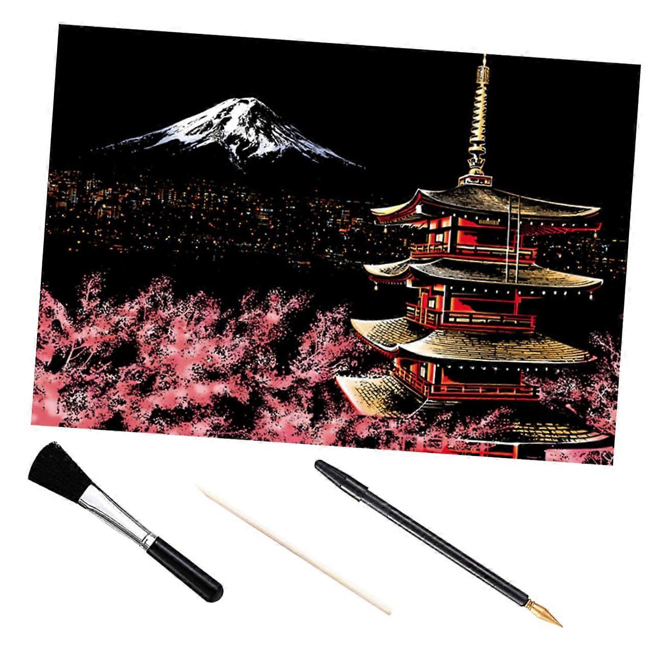 Scratch Paper Set Of 4 Sheets For Scratch Art Wall Decor Wooden Black Finish Night Scene Scratch Drawing Kit