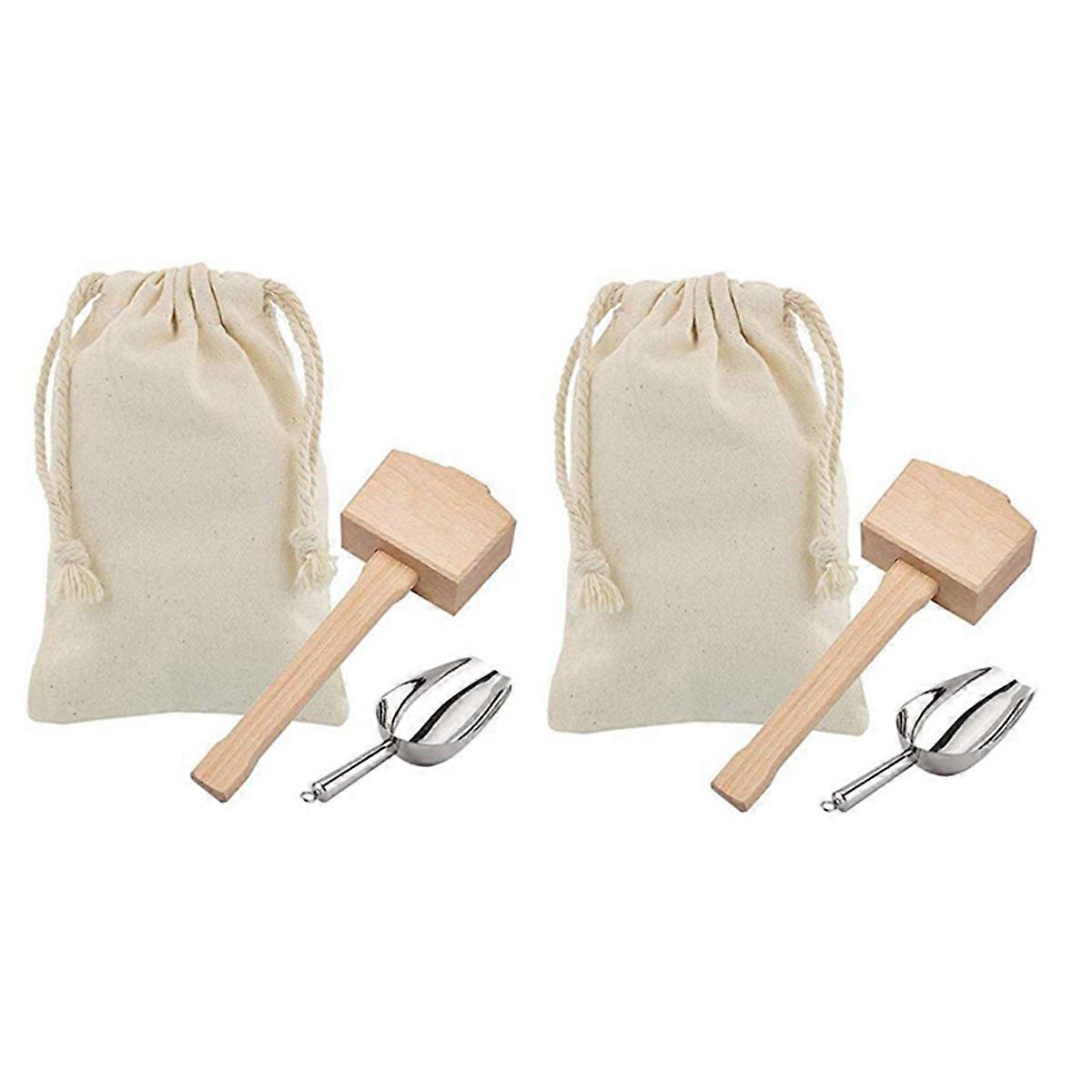 2X Ice Mallet and Ice Bag Wood Hammer and Cotton Linen Bag for Crushed Ice, Bartender Kit & Bar Tool