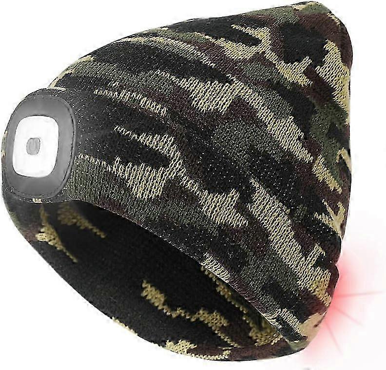 USB Rechargeable LED Beanie with Red Warning Light, 3 Brightness Levels, Hands-Free Headlamp Hood (Camouflage)