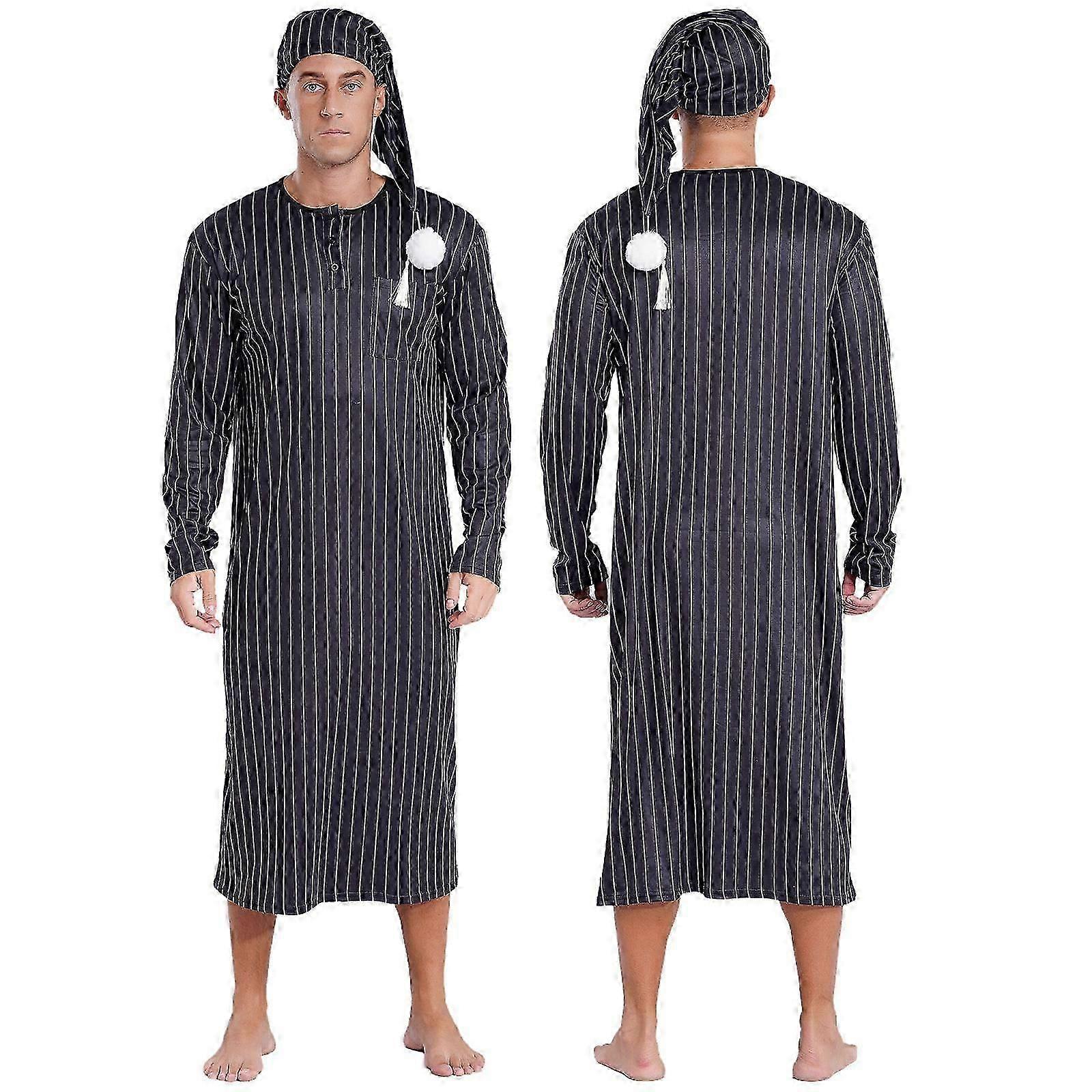 Chemise de nuit Henley pour hommes Chemise de nuit rayée Big&Tall Chemise de nuit à manches longues avec chapeau de nuit