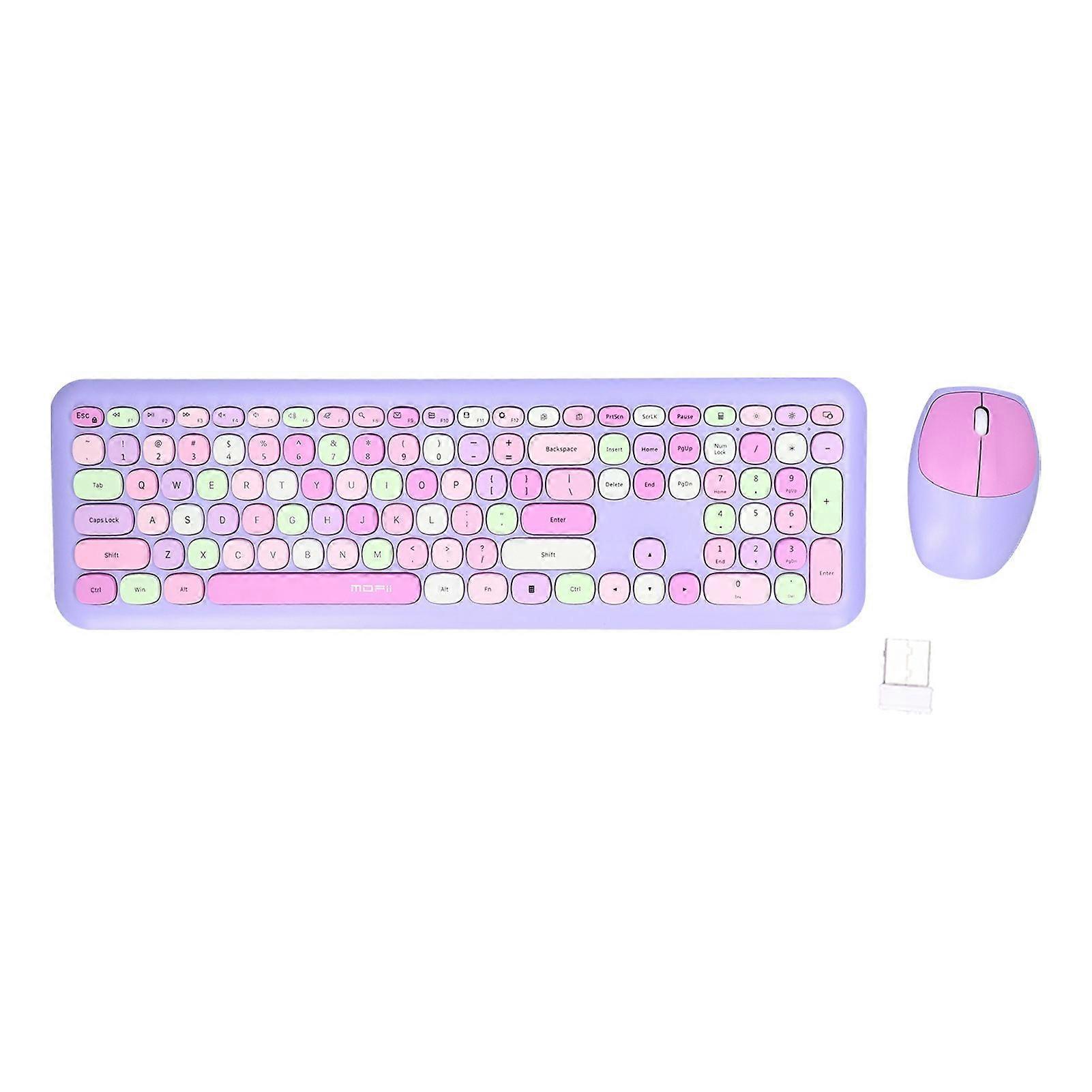 Ensemble clavier et souris sans fil 2,4 GHz rétro multicolore avec housse muette, violet