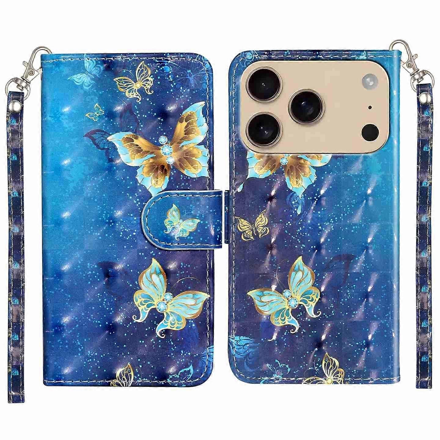 For iPhone 17 Pro Wallet Case 3D Pattern Printed Leather Phone Cover with Strap