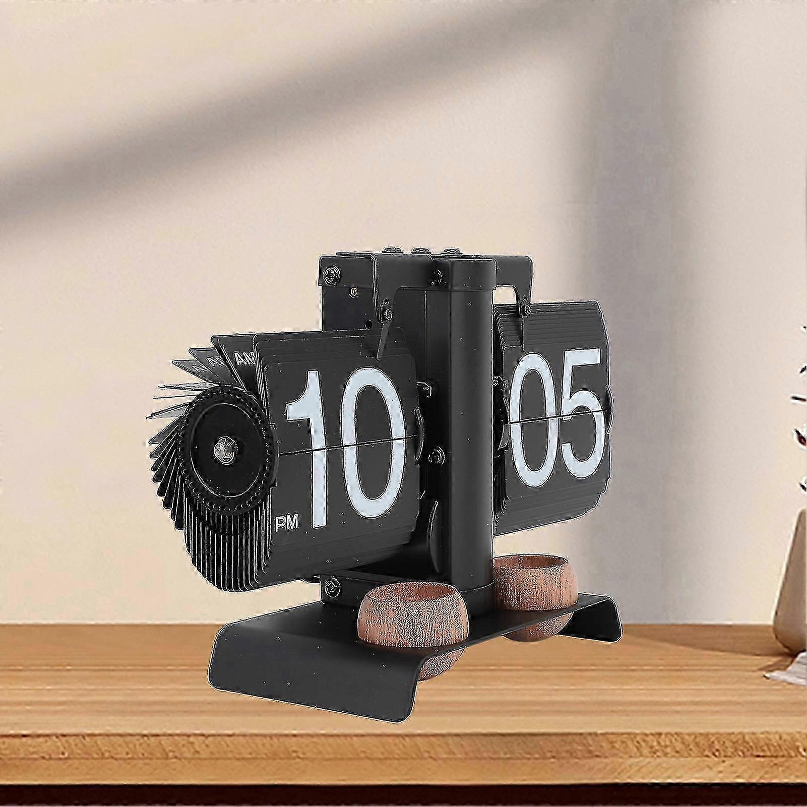 Digital Flip Clock 304 Stainless Steel Retro Battery Powered Mechanical Auto Page Turning Desk Clock with Solid Wood Diffuser for Living Room Off