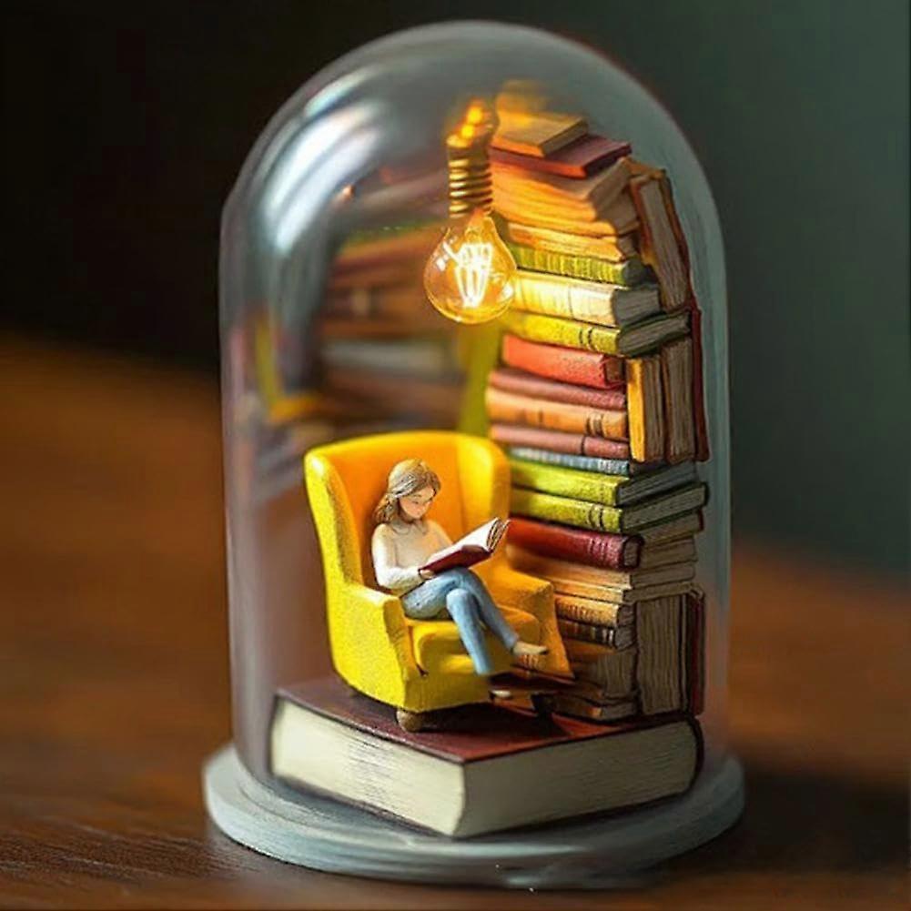Reader Night Light LED Resin Stained Stacked Books Miniature Book Lamp Tiny Bookshelf Library Statue Desktop Style 1 1pc