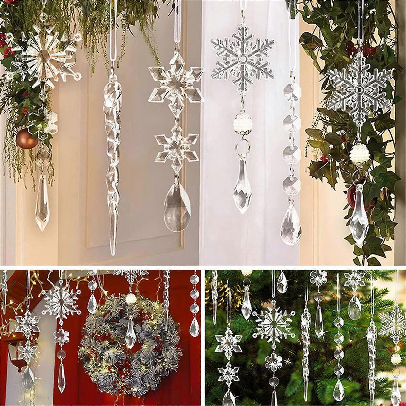 Giyblacko HangsCrystal Christmas Snowflake Ornaments, Acrylic Snowflake & Icicle Hanging Decor with Pendant, Compatible with Xmas Tree, New Year