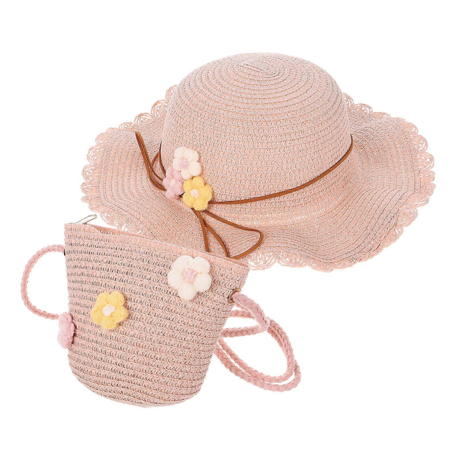 Straw Beach Hat Kids Summer Hat Bag Set for Sun Protection 2Pcs