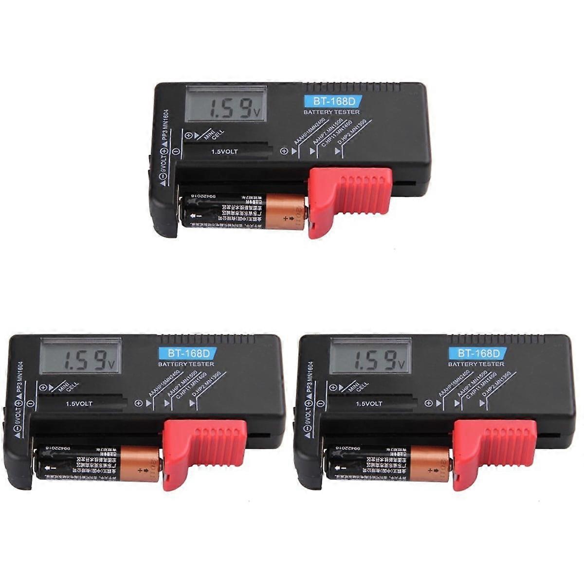 3pcs BT-168D Universal Digital LCD 9V 1.5V AA AAA Cell Button Battery Tester Checker (Black)