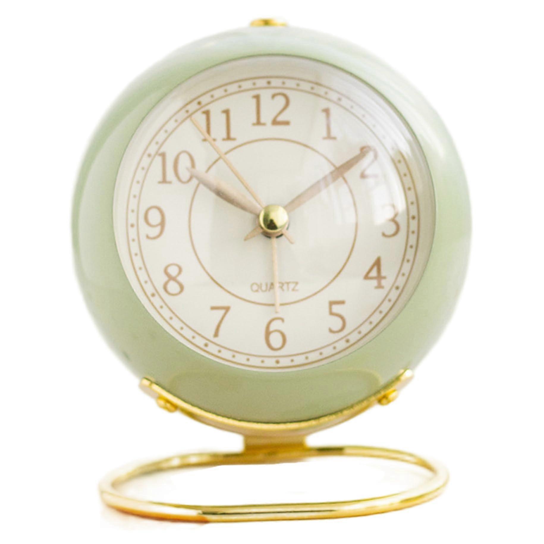 Round Analog Table Clock with Alarm and Light, NonTicking Metal Desk Clock for Bedroom or Dorm