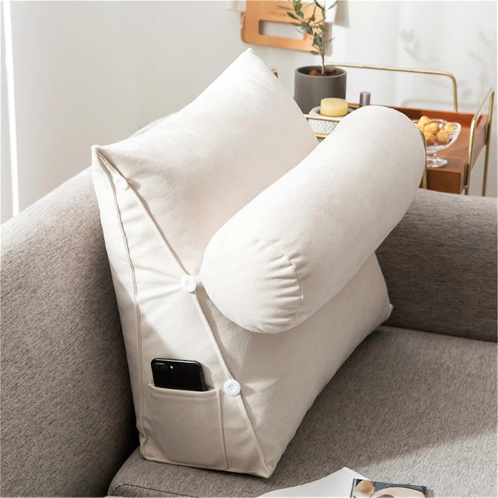 Wedge Pillow Reading Pillow for Bed and Sofa with Removable Cover and Side Pocket White 60x50x20cm