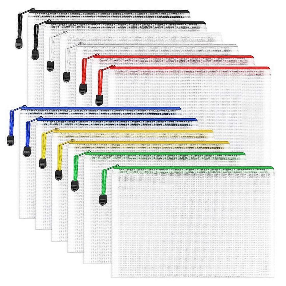 12Pcs A4 Zip Folders Mesh Zipper Pouch Document Bag, Plastic Zip File Folders, Letter Size/A4 Size for Office Supplies