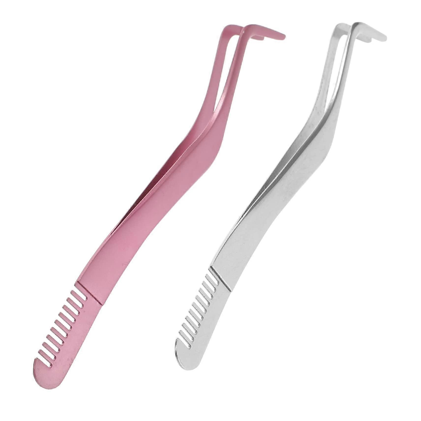 2pcs Stainless Steel Eyelash Applicator Tool with Comb for Easy Lash Application Pink Silver Tweezers