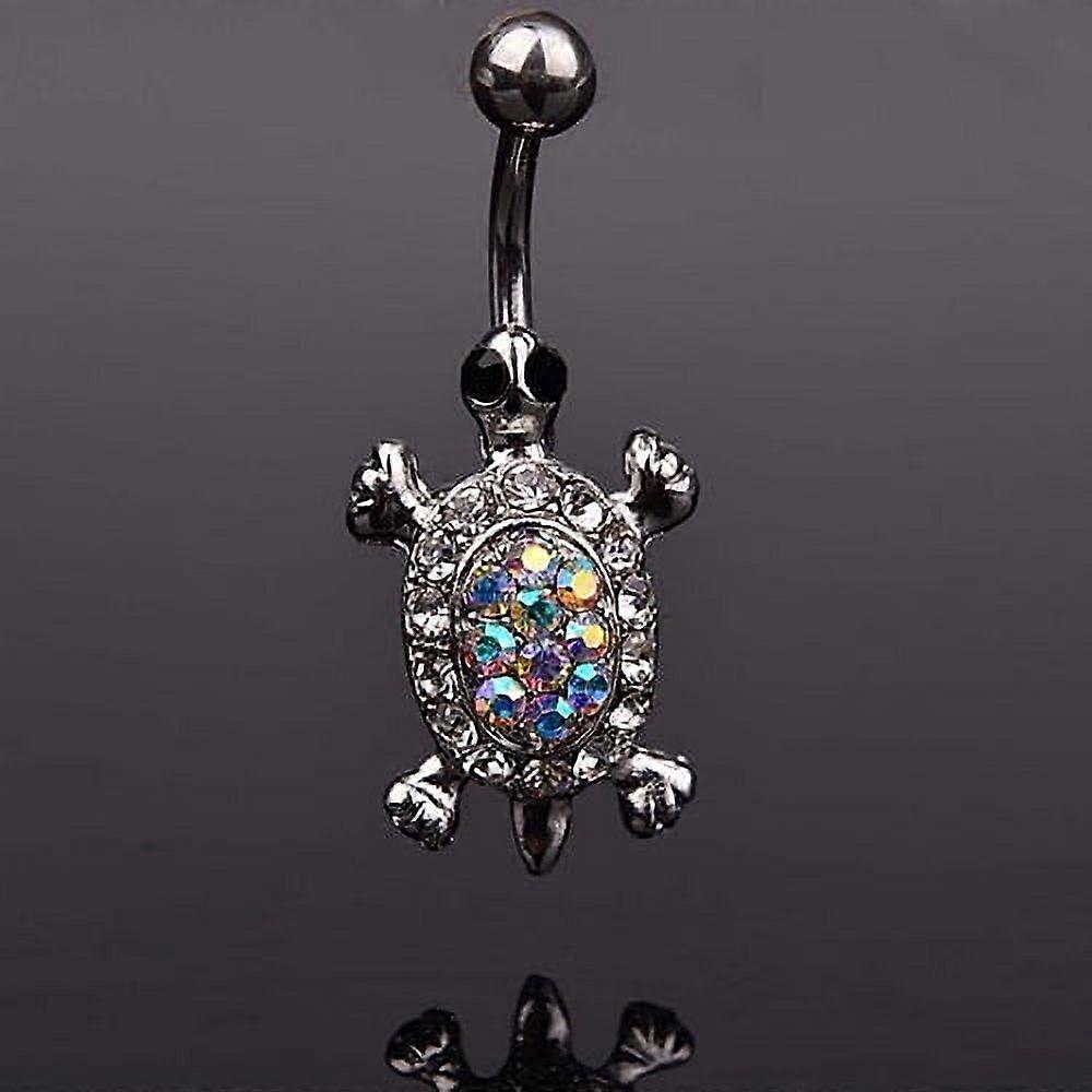 16G Multicolor Rhinestone Turtle Body Piercing Belly Button Bar Ring-