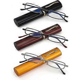 3 Pack Slim Blue Light Blocking Reading Glasses for Men Women, Compact Metal Frame Spring Hinge Eyeglasses with Portable Pen Clip Tube