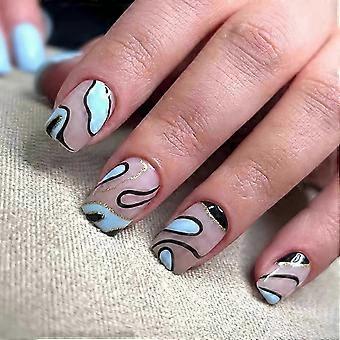 Short Press On Nails Blue and Black Swirl Design Acrylic Fake Nails Reusable Glue On for Women