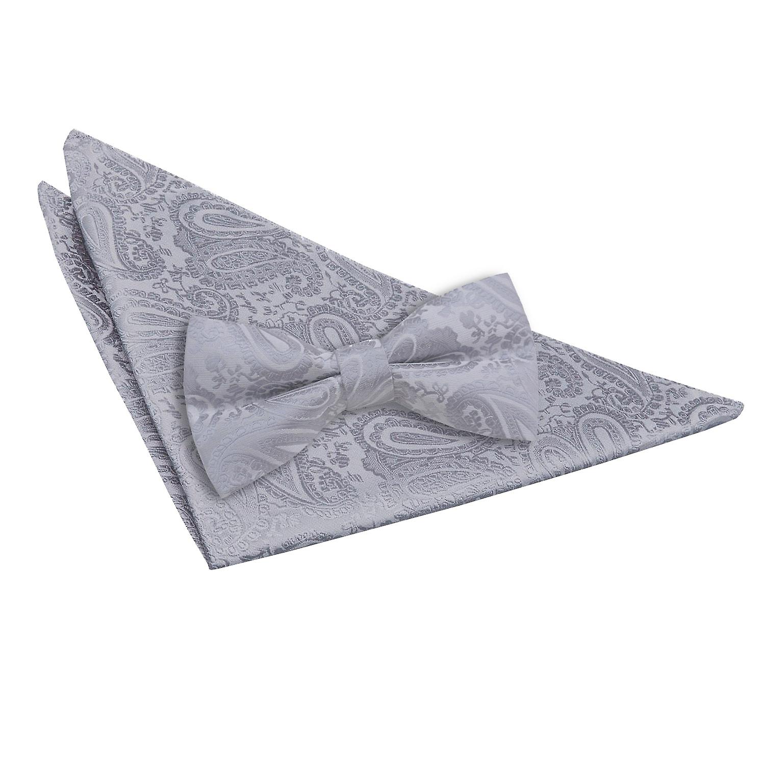 Silver Paisley Bow Tie and Pocket Square Set