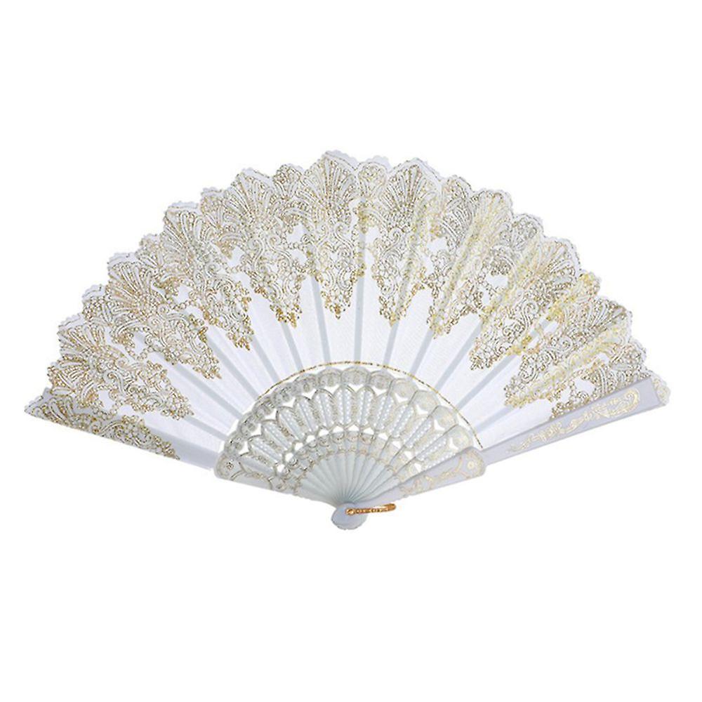 Foldable Fan In Silk Fabric, Lace, Flower For White Wedding