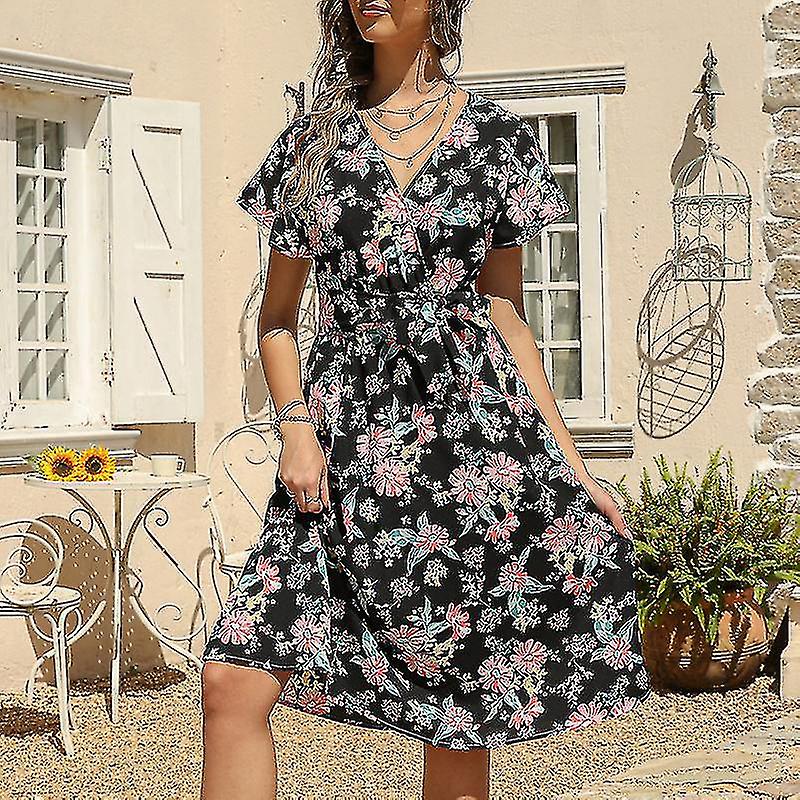 Ladies Comfy Floral Printed Tunic Sundress Women Sexy Lace Up Loungewear