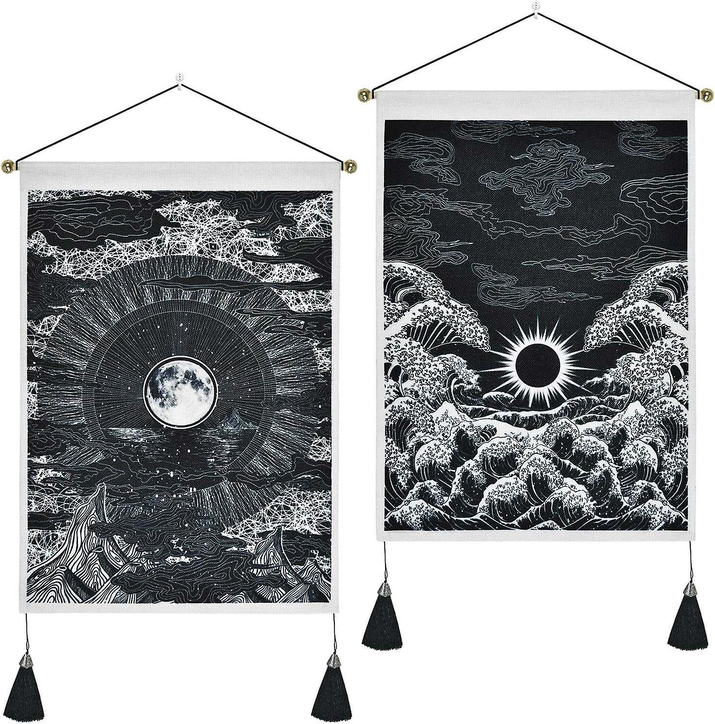 Pack of 2 Tapestry Moon and Star Tapestry Ocean Wave Tapestry Black and White Tapestries Mountain Ta