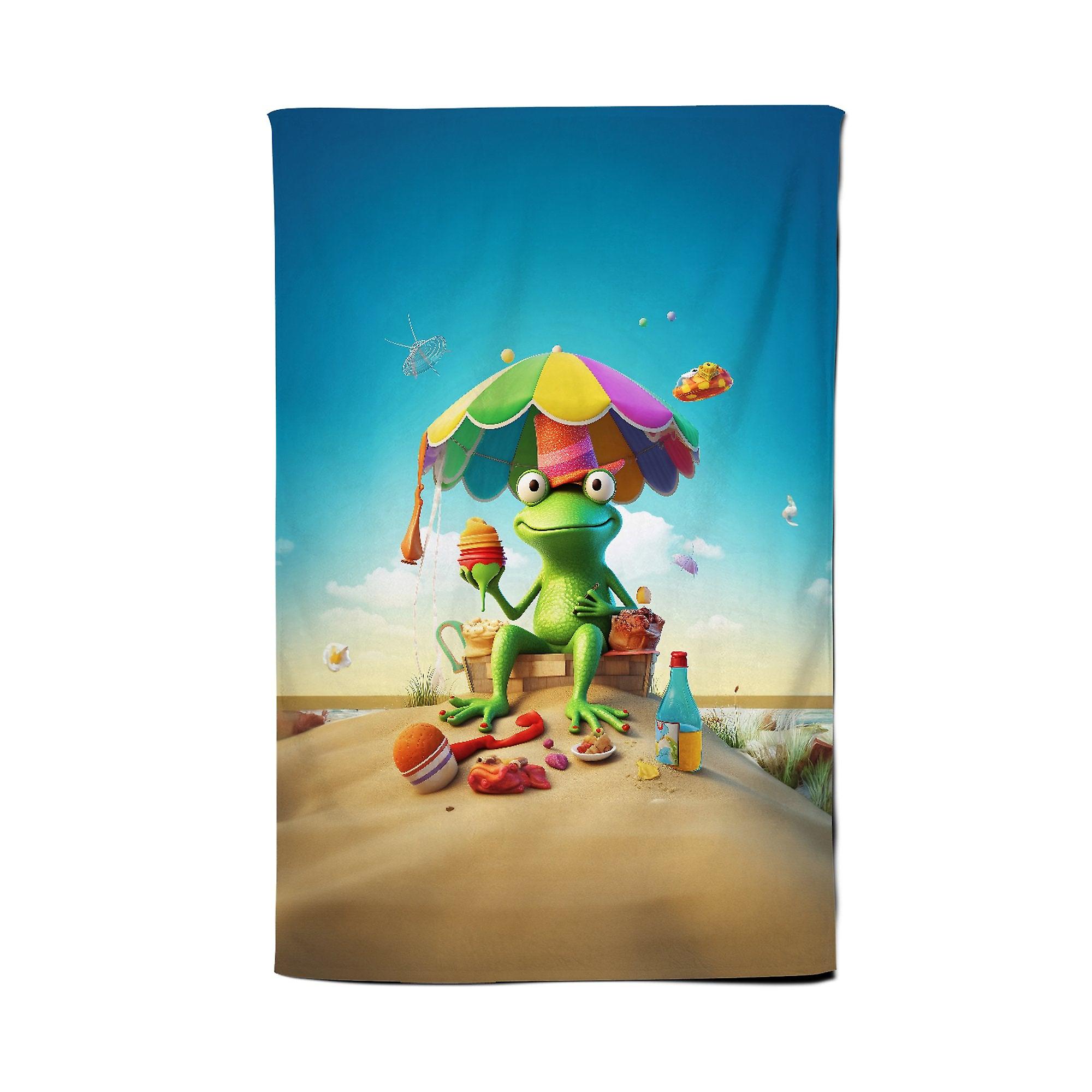 Frog On A Beach Holiday Tea Towel