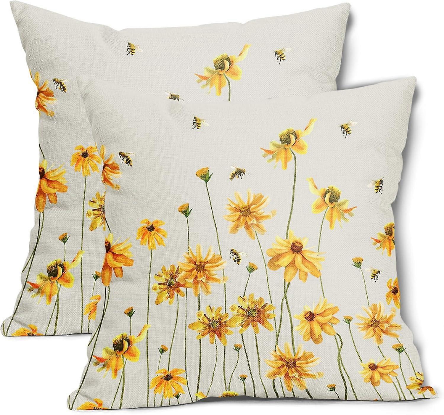 ربيع وصيف الأزهار وسادة يغطي 16X16 بوصة مجموعة من 2 coreopsis زهرة الأقحوان الصفراء النحل حالات وسادة زخرفية مزرعة الموسم وسادة حالة مزرعة