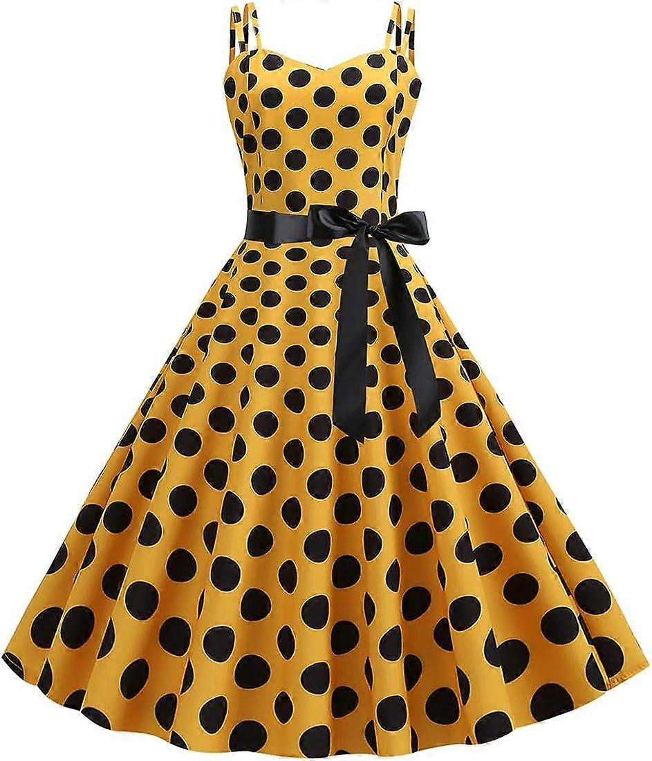 Women's 50s 60s Vintage Sleeveless Strap Polka Dot A-Line Swing Cocktail Party Tea Dresses