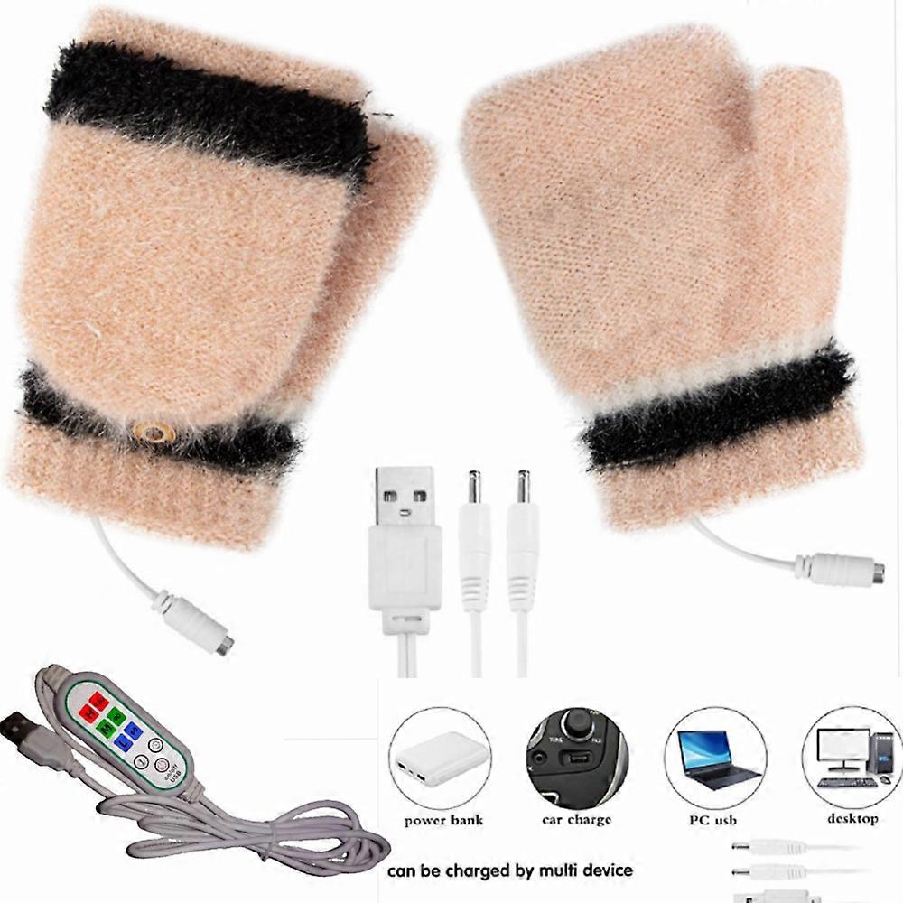 Winter Autumn Gray Half Finger Flap Faux Mink Heated Gloves with TimerA