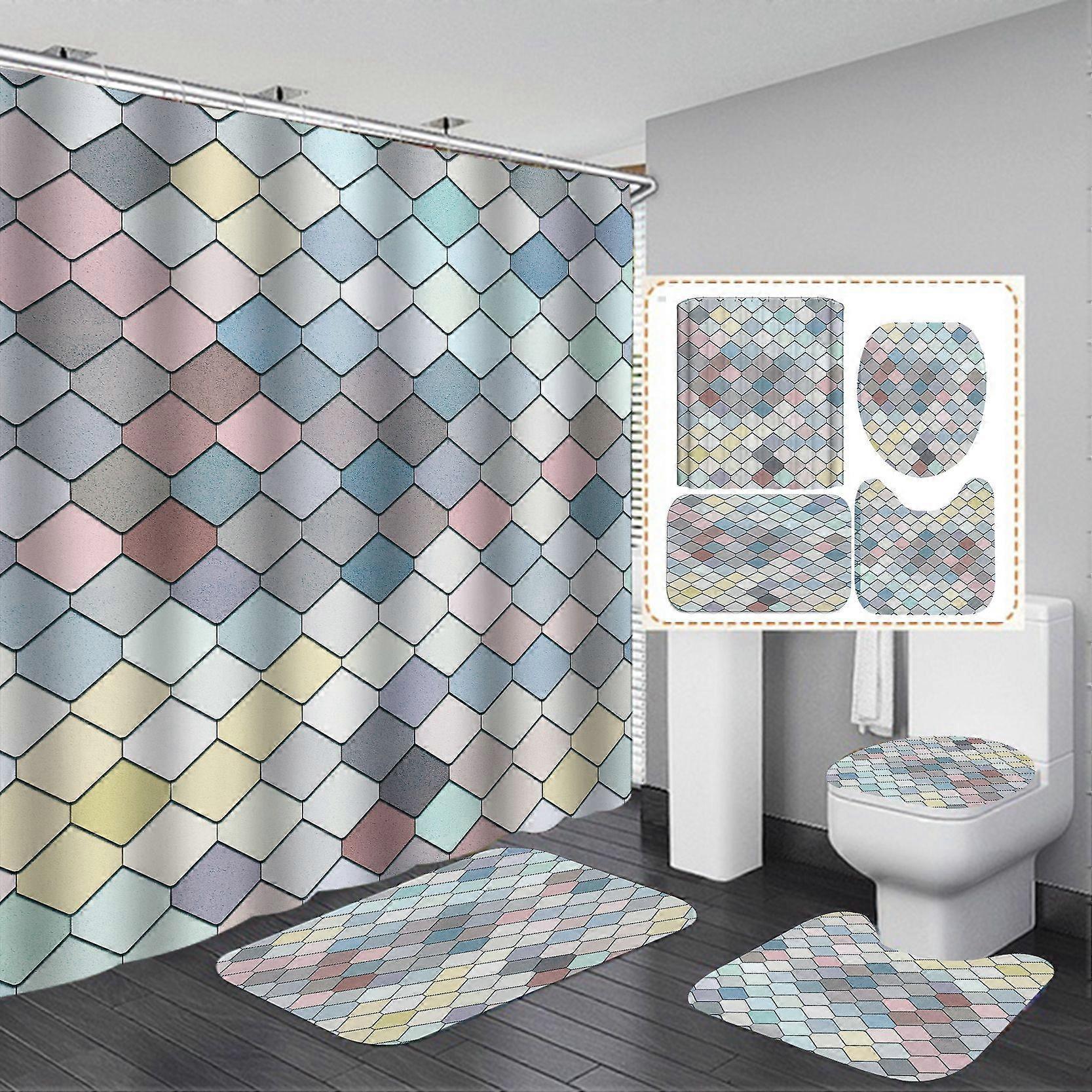 (C)Shower Curtain+Bath Mat Set