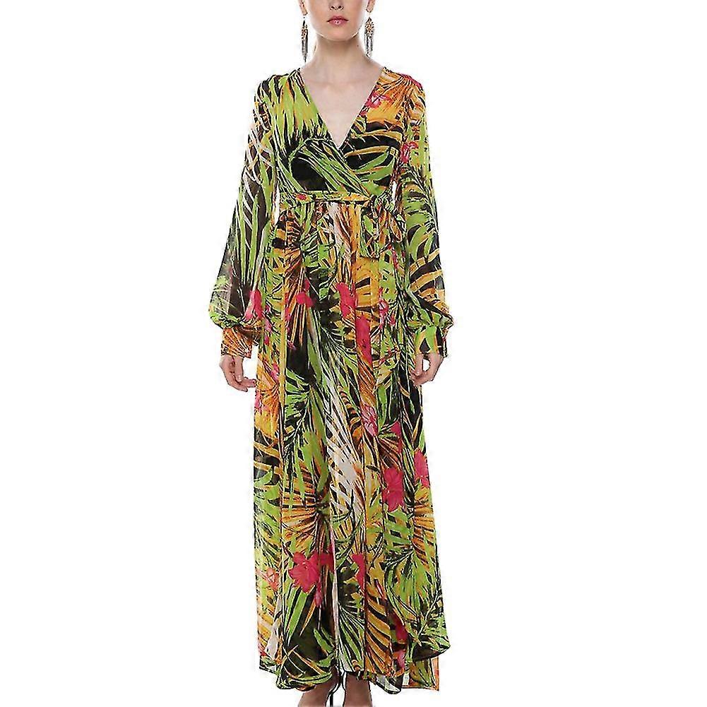 Fianao Art Boyutu Bohemya Plaj Kadn Yapraklar Bask V Yaka Uzun Fener Kollu Maxi Elbise