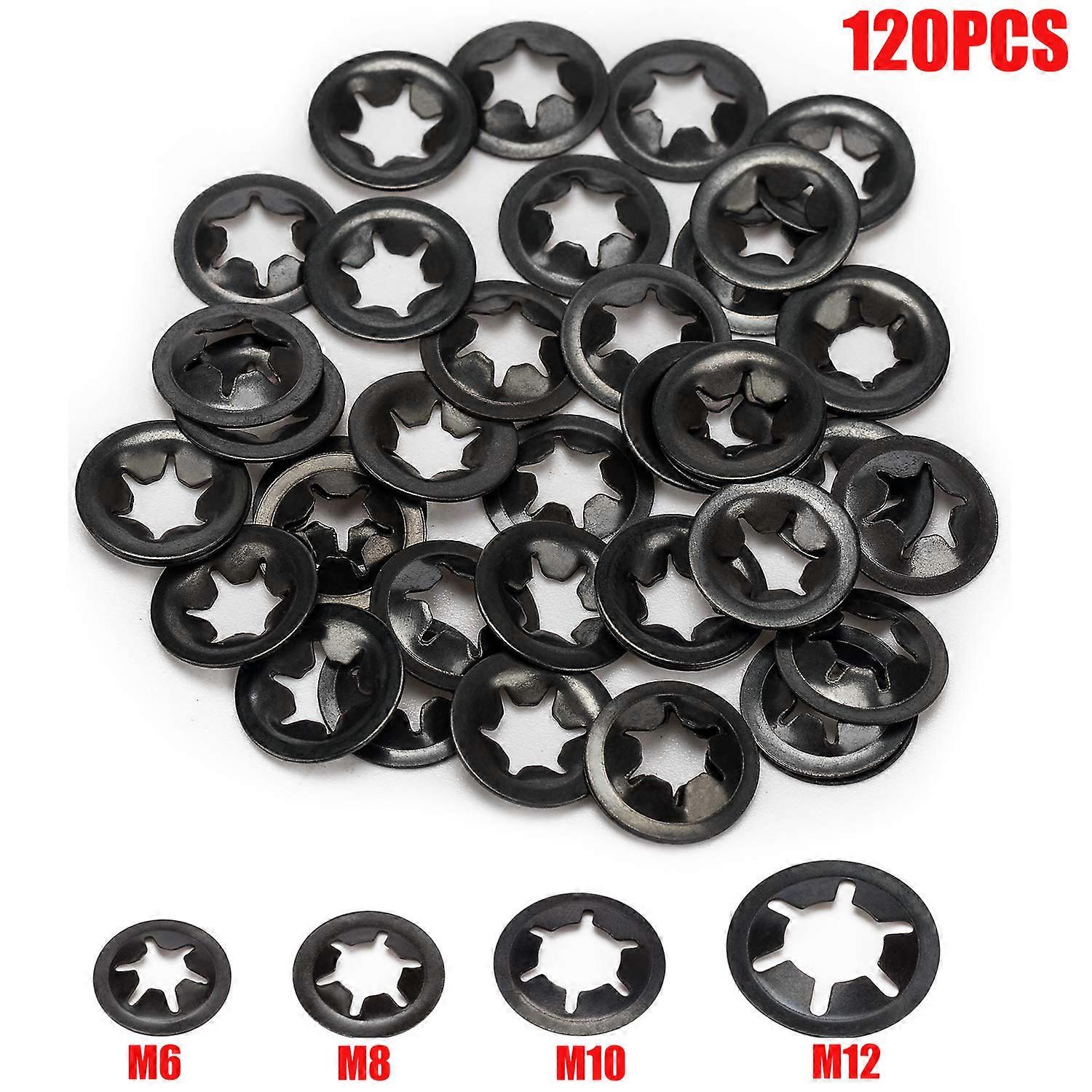 120PCS M6/M8/M10/M12 Metal Starlock Washer Push-on Locking Washer Star Nut Fasten Assortment Kit