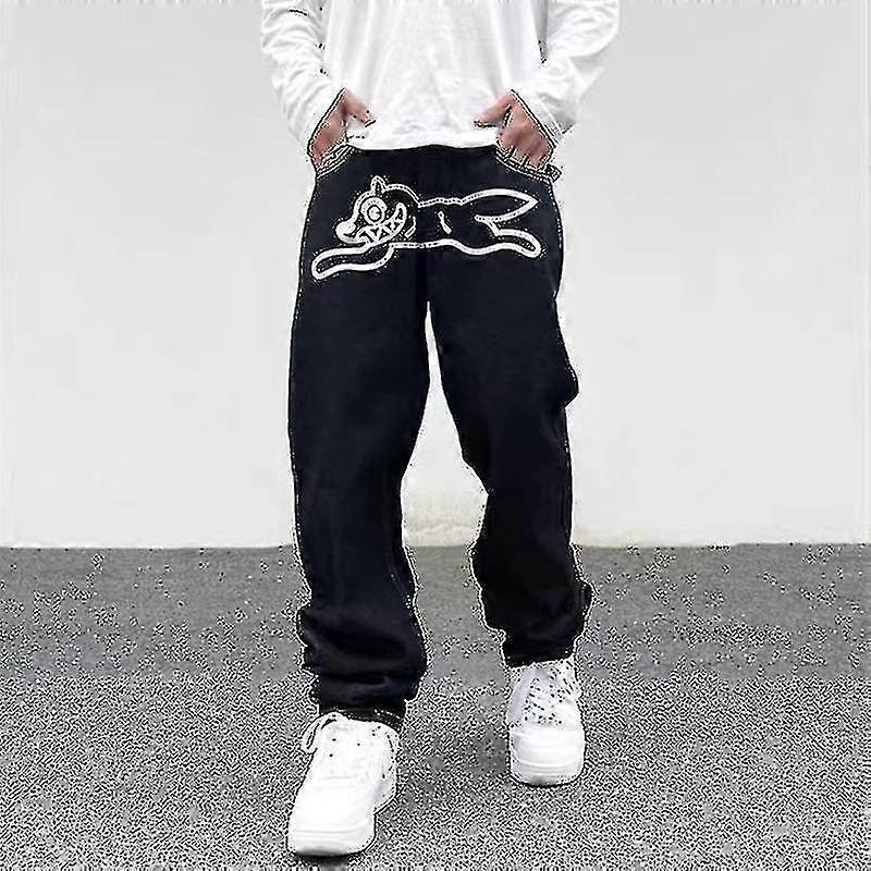 QBO Men's Baggy Loose Fit Jeans With Skull Embroidery - Black Denim Hip-Hop Pants