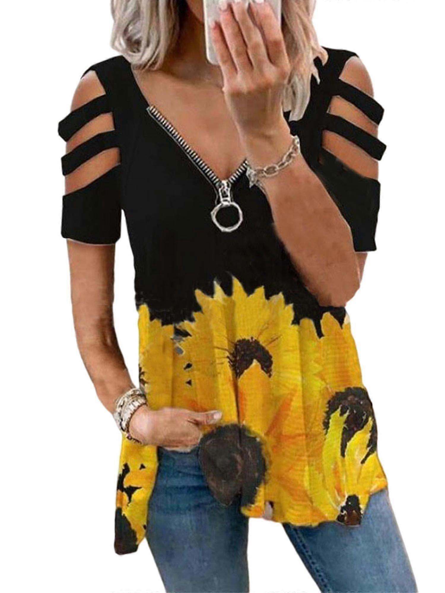 Kvinder Print Lynlås V Hals S Hule Kort Ærme Løs Pulr Toppe SHznv