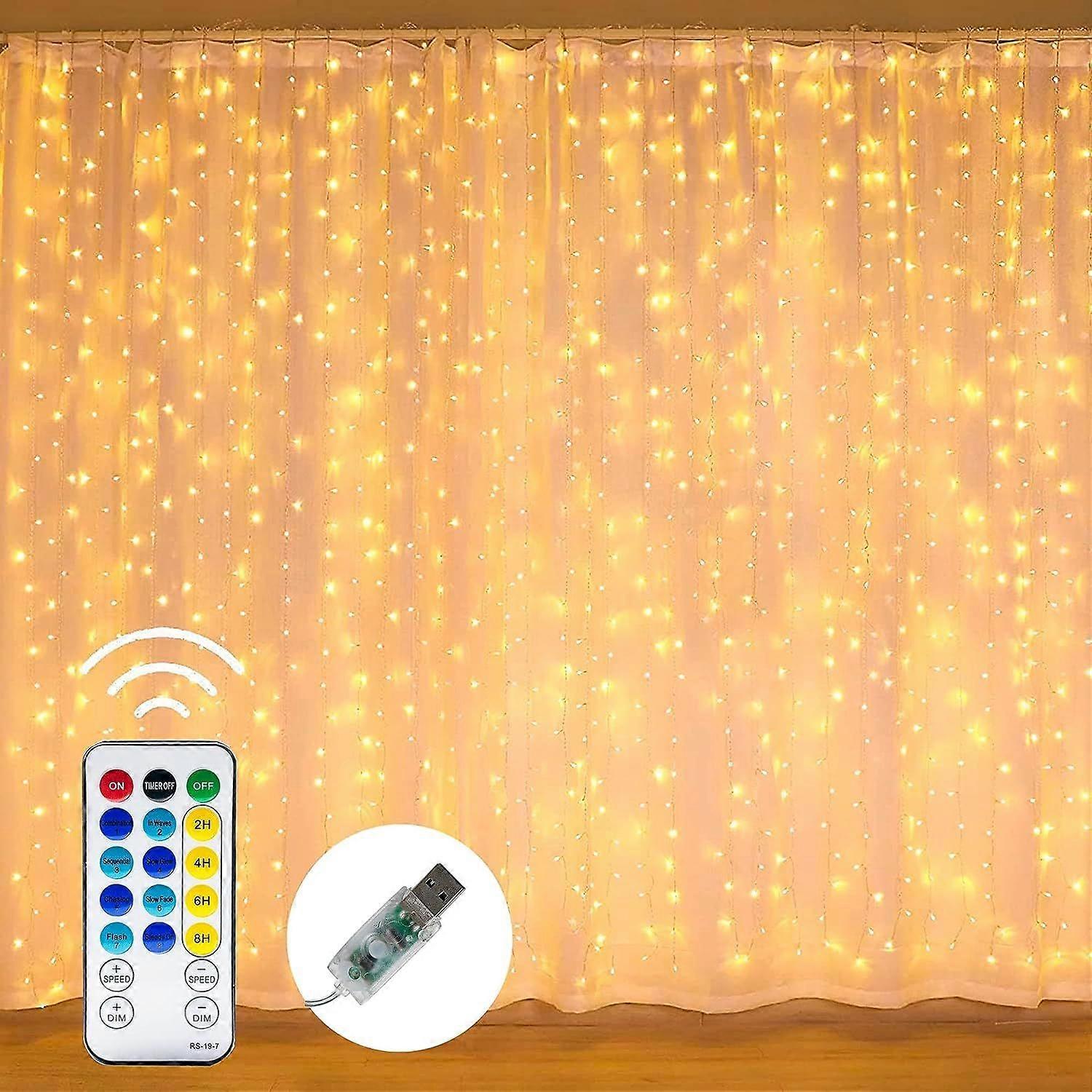 Dazzle Bright Curtain String Lights, 300 LED 9.8ft x 9.8ft 8 Lighting Modes Fairy Lights USB Powered, for Christmas Party Wedding Outdoor Indoor Wall