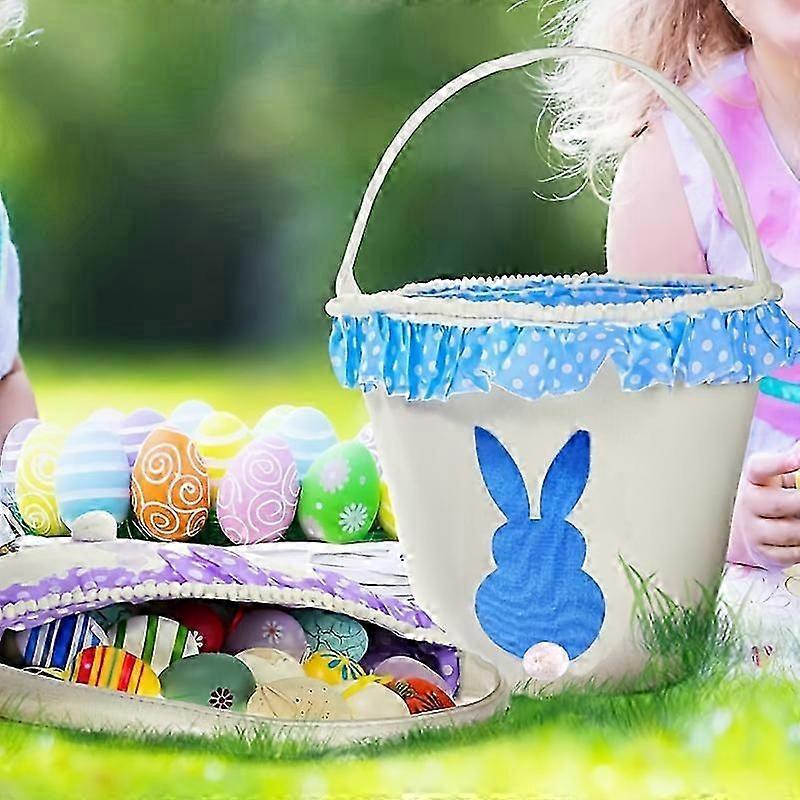 Easter Bunny Basket Bag, Canvas Cotton Egg Basket Hunting Bag, Rabbit Print Bucket With Tail For Easter Eggs, Candy, Gifts