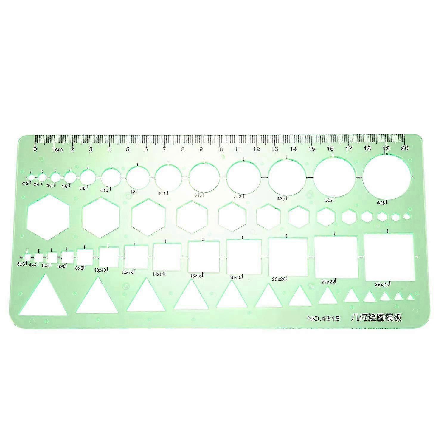 Green Plastic Circles Squares Hexagons Geometric Template Ruler 0-20cm