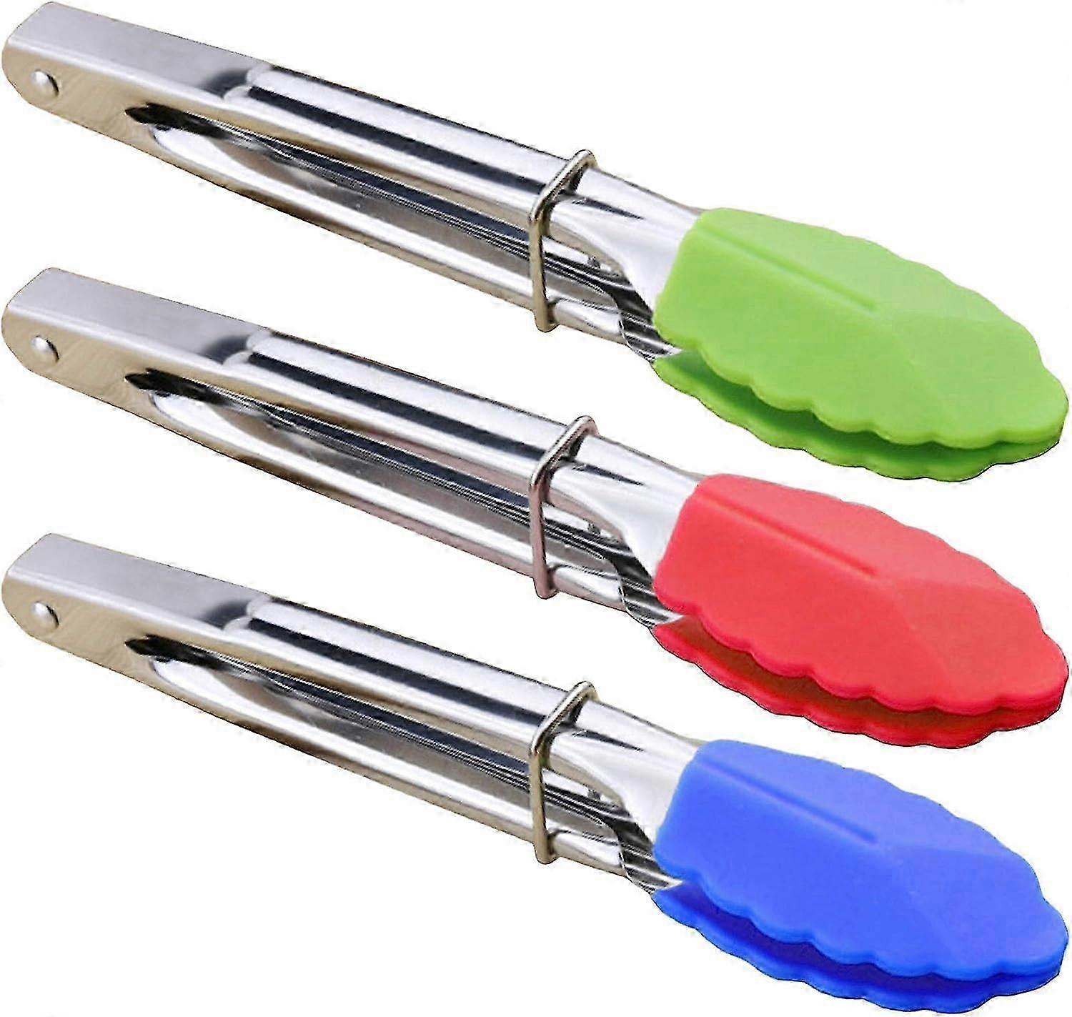 Mini Pinças com Ponteiras de Silicone Pinças de Servir de 7 Polegadas, Conjunto de 3 (Verde Vermelho Azul)