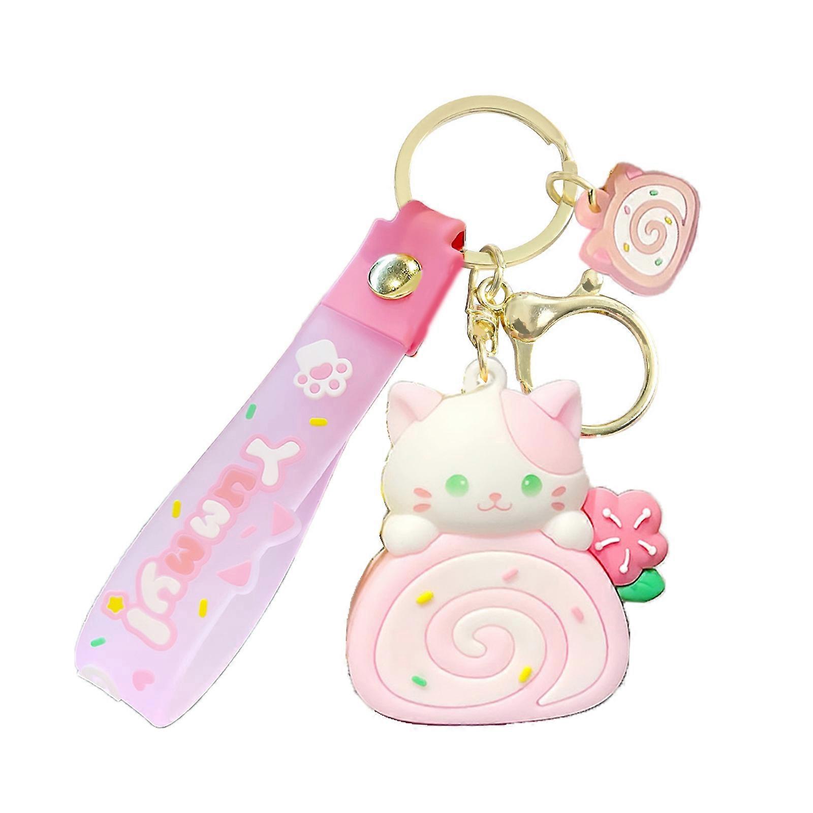 Gift Key Chain Cartoon Key Chain with Cake Roll Shape Pendant Captivating Cat Cake Roll Keychain Accessory Phone Charm Pink